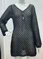Elegantes schwarzes langärmliges Häkel-Strick-Strandkleid als Überwurf für Badebekleidung - S / Oberteil Und Unterteil / Kurz Schwarz