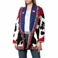 Detail of ethnic wool blend cardigan featuring cow print, rose embroidery and fringe - S / Tops / Blue Red