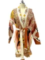Cardigan in maglia retrò bohémien con frange e intricato motivo a rose vintage. - Taglia S / Top / Rosa