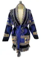 Close-up detail of bohemian jacquard wool cardigan with fringe lapel and waist belt - S / Tops / Dark Blue