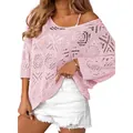 Boho pink crochet hollow out sweater with 3/4 sleeves and off-shoulder design for summer - S / Tops / Light Pink