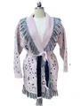 Vintage pink wool jacquard cardigan featuring a fringed lapel and stylish belted waistline. - M / Tops / Pink