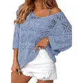 Light blue crochet hollow-out sweater with three-quarter sleeves and off-shoulder design. - S / Tops / Light Blue
