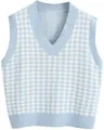 Stylische hellblaue Strickweste mit Hahnentritt-Muster und geripptem V-Ausschnitt - Hellblau