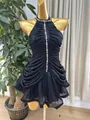 Detail view of black halter rhinestone evening dress with elegant ruching - S / Top And Bottom / Black