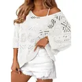 Elegant white crochet hollow-out sweater with 3/4 sleeves and a stylish off-shoulder design - S / Tops / Bleached White