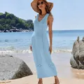 Stylish light blue sleeveless crochet knit maxi dress beach cover-up for summer - Light Blue