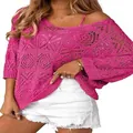 Women's pink crochet hollow-out sweater with off-shoulder style and 3/4 sleeves - S / Tops / Rose Red