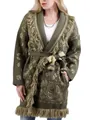 Vintage bohemian paisley fringe knit cardigan with belt for a relaxed vacation look - S / Tops / Army Green