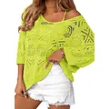 Lime green crochet hollow-out sweater with three-quarter sleeves and off-shoulder design - S / Tops / Yellow-Green