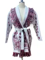 Elegant bohemian white wool jacquard cardigan with fringe trim and matching belt - S / Tops / White Red