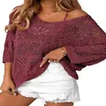 Elegant maroon hollow-out crochet sweater featuring off-shoulder neckline and 3/4 sleeves - S / Tops / Fuschia