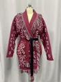 Vintage wine red long-line cardigan with tassel fringe and jacquard knit pattern. - S / Tops / Burgundy