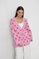Cozy pink knit cardigan featuring a charming red heart and diamond jacquard pattern - Pink/Red Heart