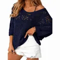 Navy blue crochet hollow-out pullover with 3/4 sleeves and off-shoulder design - S / Tops / Dark Blue