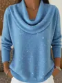 Maglione in maglia blu chiaro con paillettes scintillanti ed elegante collo a cappuccio - Blu con Paillettes