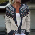 Ethnic style jacquard knitted cardigan with wooden buttons and geometric patterns. - 3XL / Tops / Off-White(9243)