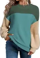 Detail view of color-blocked lantern sleeve knit sweater with round neck for women - M / Tops / Lake Blue