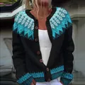 Women's ethnic style jacquard knit cardigan with blue wave patterns and round buttons - 3XL / Tops / Black With Blue Flowers