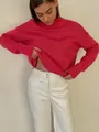 Stylish vibrant pink mock neck loose knit sweater for women, autumn and winter fashion style - S / Tops / Rose Red