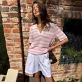 Elegant women's pink and white striped polo neck short sleeve knit sweater top for spring - S / Tops / Pink