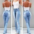 Vista frontal y trasera de vaqueros elásticos de talle alto con bajo abierto - 2XL / Azul claro