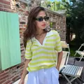 Stylish lightweight yellow and white striped short sleeve polo knit sweater for summer - S / Tops / Neon Yellow