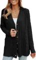 Close-up detail of a charcoal grey cable-knit button-down cardigan for women - S / Tops / Black