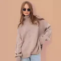 Chic oversized taupe turtleneck knit sweater for women, cozy fall winter style. - S / Tops / Camel