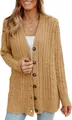 Detailed macro view of camel cable-knit cardigan with dark brown button accents. - S / Tops / Khaki