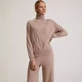Oatmeal cable-knit high-neck sweater and wide-leg trousers two-piece set for women - One Size / Tops / Camel