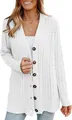 Close-up detail of women's white cable-knit cardigan sweater with brown buttons - S / Tops / White