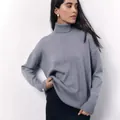 Grey loose turtleneck sweater for women with ribbed cuffs and hem - One Size / Tops / Gray