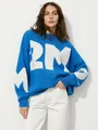 Women's blue oversized knit sweater with white letter print and round neck - S / Tops / Blue