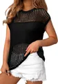 Detailed view of women's black hollow-out knit sweater with crew neck and short sleeves. - Black