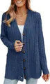 Detailed view of a blue cable-knit long sleeve cardigan with brown button closures - S / Tops / Dark Blue