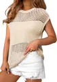 Detail shot of a women's beige round neck hollow-out knit pullover sweater for summer. - Apricot