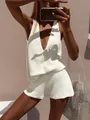 Stylish white V-neck knit tank top and matching shorts two-piece set for summer holiday - S / Top And Bottom / White