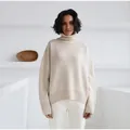 Elegant oversized cream turtleneck knit sweater for women, autumn winter fashion - S / Tops / Beige