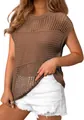 Detailansicht der braunen Damen-Strickweste mit Lochmuster, Rundhalsausschnitt und Mesh-Textur - S / Oberteile / Kaffeebraun