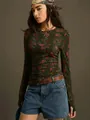 Detail showing the vintage floral print and knit texture of a slim-fit long sleeve tee. - S / Tops / Green