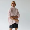 Oversized light pink turtleneck knit sweater for women, stylish autumn winter fashion. - Lotus Pink