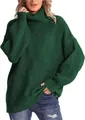 Detailed shot of woman wearing green cable knit turtleneck sweater with thick texture - S / Tops / Green