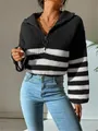 Women's stylish black and white striped quarter-zip knit sweater with a trendy lapel collar - S / Tops / Black