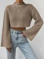 Detailed view of a stylish khaki mock neck cropped sweater featuring elegant bell sleeves - S / Tops / Khaki