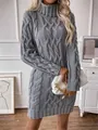 Detailed view of gray cable-knit turtleneck sweater dress with elegant texture. - S / Top And Bottom / Gray