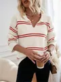 Stylish loose V-neck polo sweater featuring vibrant red horizontal stripes in white knit - S / Tops / Red