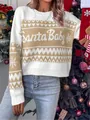 Detail view of festive white and camel knit sweater featuring Santa Baby text design - S / Tops / Khaki