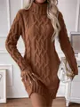Detail view of the elegant cable knit pattern on a brown turtleneck sweater dress. - S / Top And Bottom / Brown