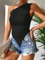 Detail view of a black one-shoulder asymmetric slim fit top with a pointed handkerchief hem. - S / Tops / Black